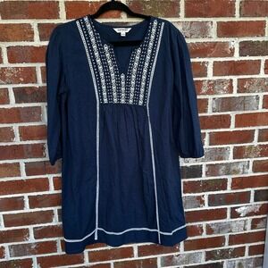 Tantrums Navy White Embroidered V-Neck 3/4 Sleeve Dress A Line Size L